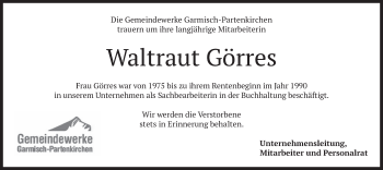 Traueranzeige von Waltraut Görres von merkurtz