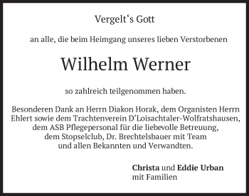 Traueranzeige von Wilhelm Werner von merkurtz