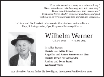 Traueranzeige von Wilhelm Werner von merkurtz
