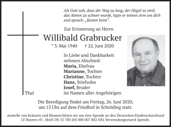 Traueranzeige von Willibald Grabrucker von merkurtz
