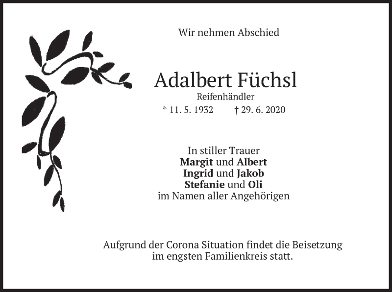  Traueranzeige für Adalbert Füchsl vom 03.07.2020 aus merkurtz