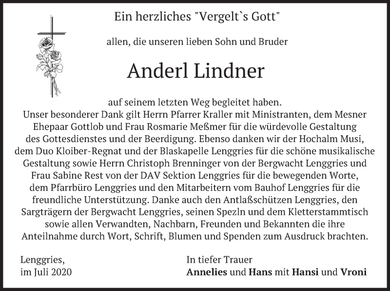  Traueranzeige für Anderl Lindner vom 18.07.2020 aus merkurtz