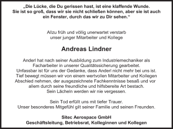 Traueranzeige von Andreas Lindner von merkurtz