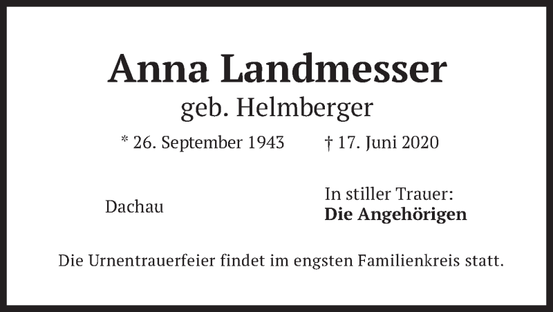  Traueranzeige für Anna Landmesser vom 04.07.2020 aus merkurtz