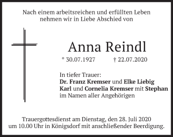 Traueranzeige von Anna Reindl von merkurtz