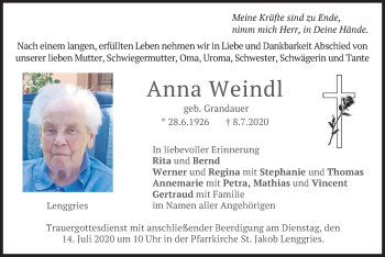 Traueranzeige von Anna Weindl von merkurtz