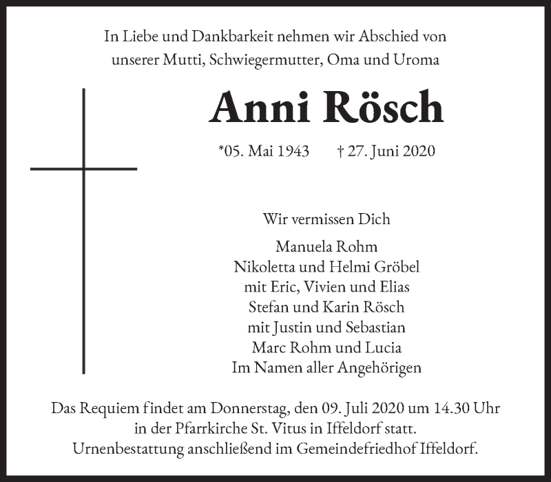  Traueranzeige für Anni Rösch vom 04.07.2020 aus Das Gelbe Blatt Penzberg