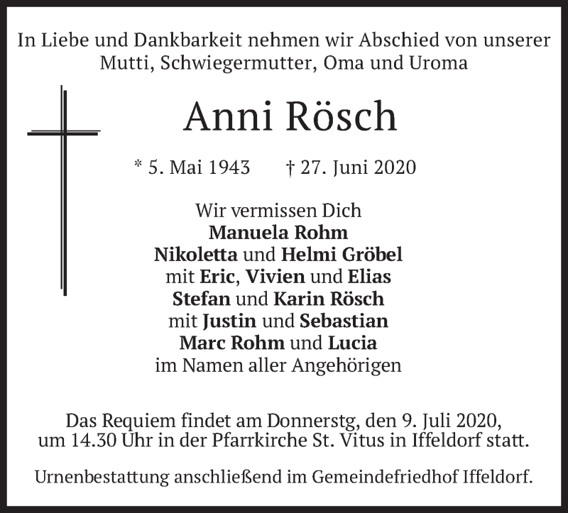  Traueranzeige für Anni Rösch vom 04.07.2020 aus merkurtz