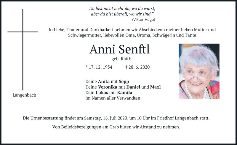  Traueranzeige für Anni Senftl vom 13.07.2020 aus merkurtz