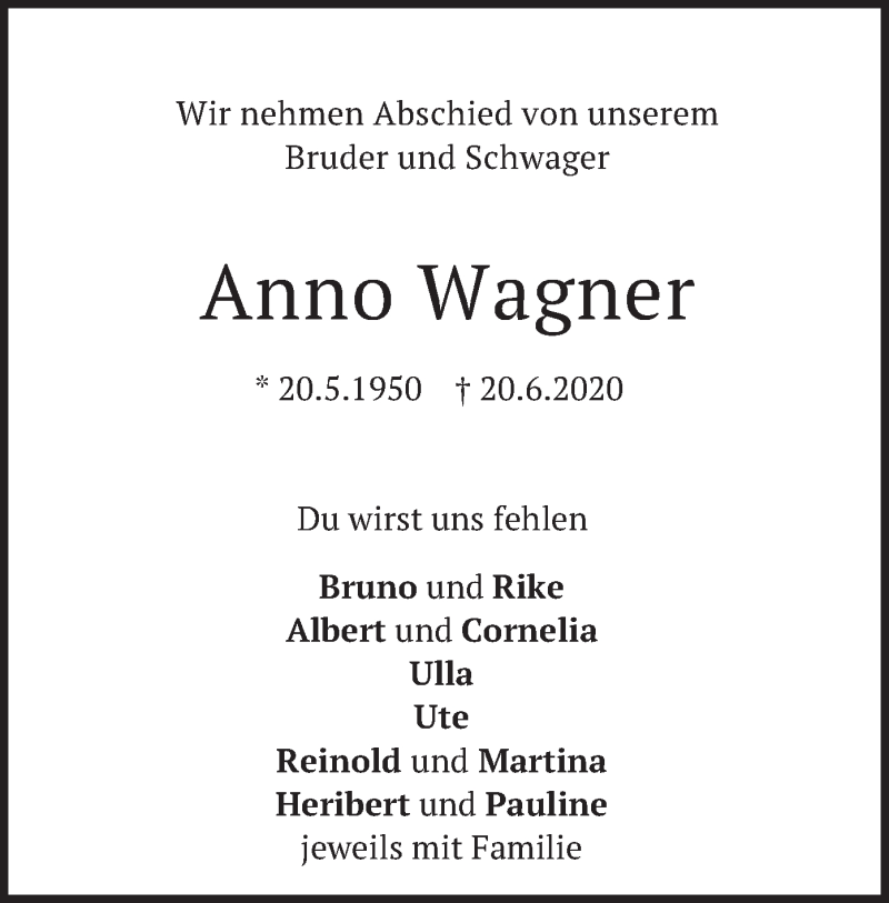  Traueranzeige für Anno Wagner vom 07.07.2020 aus merkurtz
