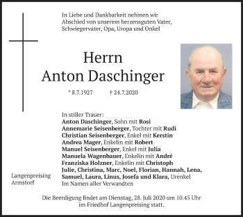 Traueranzeige von Anton Daschinger von merkurtz