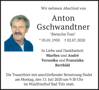 Traueranzeige von Anton Gschwandtner von merkurtz