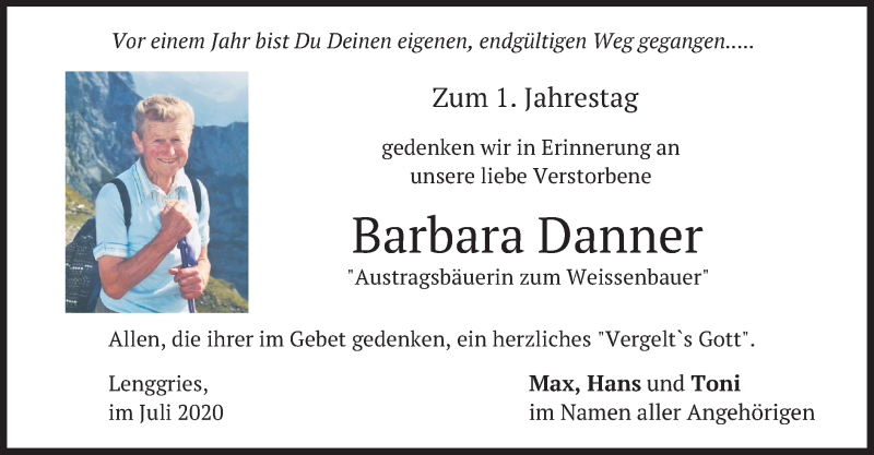  Traueranzeige für Barbara Danner vom 11.07.2020 aus merkurtz