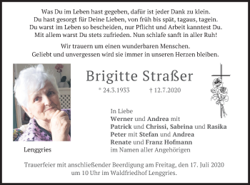 Traueranzeige von Brigitte Straßer von merkurtz