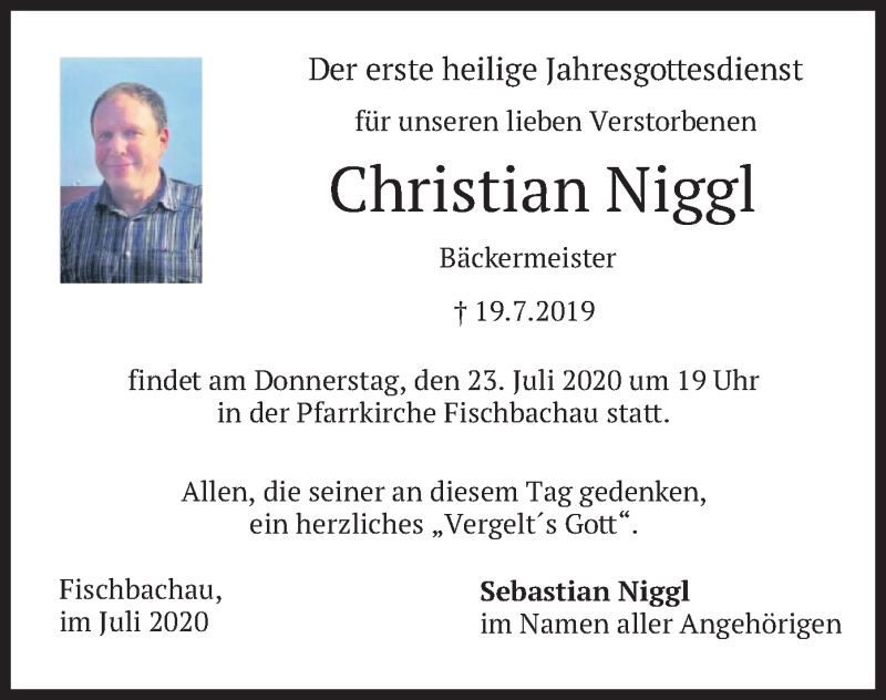 Traueranzeige für Christian Niggl vom 18.07.2020 aus merkurtz