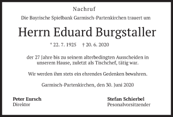 Traueranzeige von Eduard Burgstaller von merkurtz