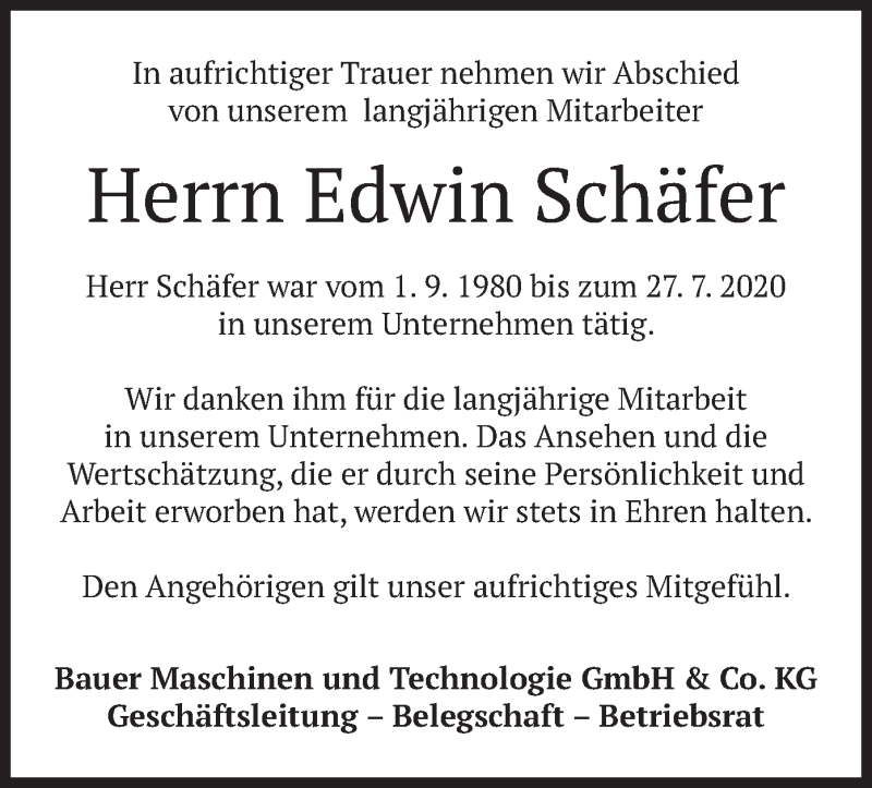  Traueranzeige für Edwin Schäfer vom 01.08.2020 aus merkurtz