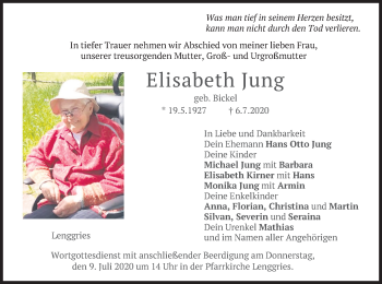 Traueranzeige von Elisabeth Jung von merkurtz