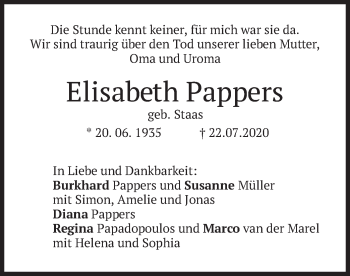 Traueranzeige von Elisabeth Pappers von merkurtz