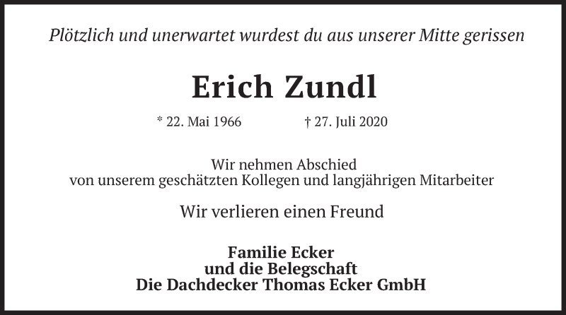  Traueranzeige für Erich Zundl vom 01.08.2020 aus merkurtz