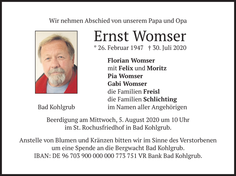  Traueranzeige für Ernst Womser vom 01.08.2020 aus merkurtz