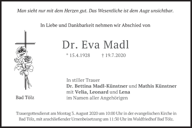  Traueranzeige für Eva Madl vom 29.07.2020 aus merkurtz