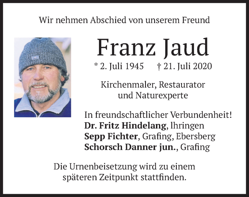  Traueranzeige für Franz Jaud vom 01.08.2020 aus merkurtz