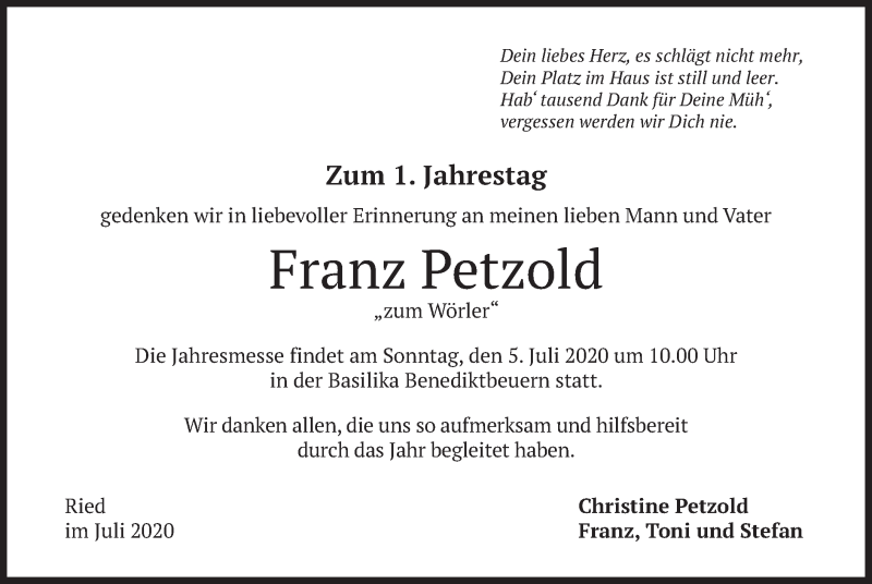  Traueranzeige für Franz Petzold vom 03.07.2020 aus merkurtz