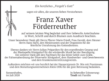 Traueranzeige von Franz Xaver Förderreuther von merkurtz