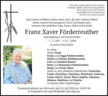 Traueranzeige von Franz Xaver Förderreuther von merkurtz