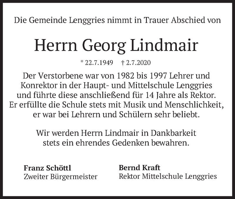  Traueranzeige für Georg Lindmair vom 11.07.2020 aus merkurtz