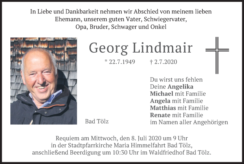  Traueranzeige für Georg Lindmair vom 04.07.2020 aus merkurtz