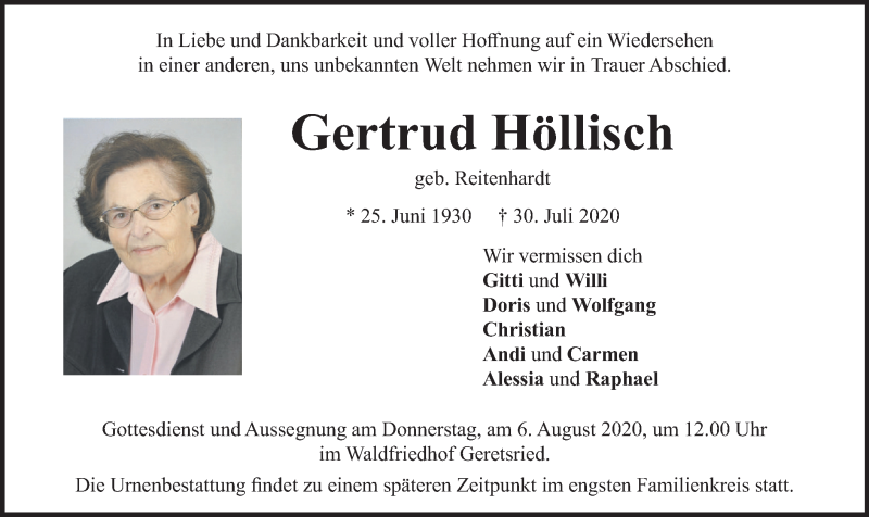  Traueranzeige für Gertrud Höllisch vom 01.08.2020 aus merkurtz