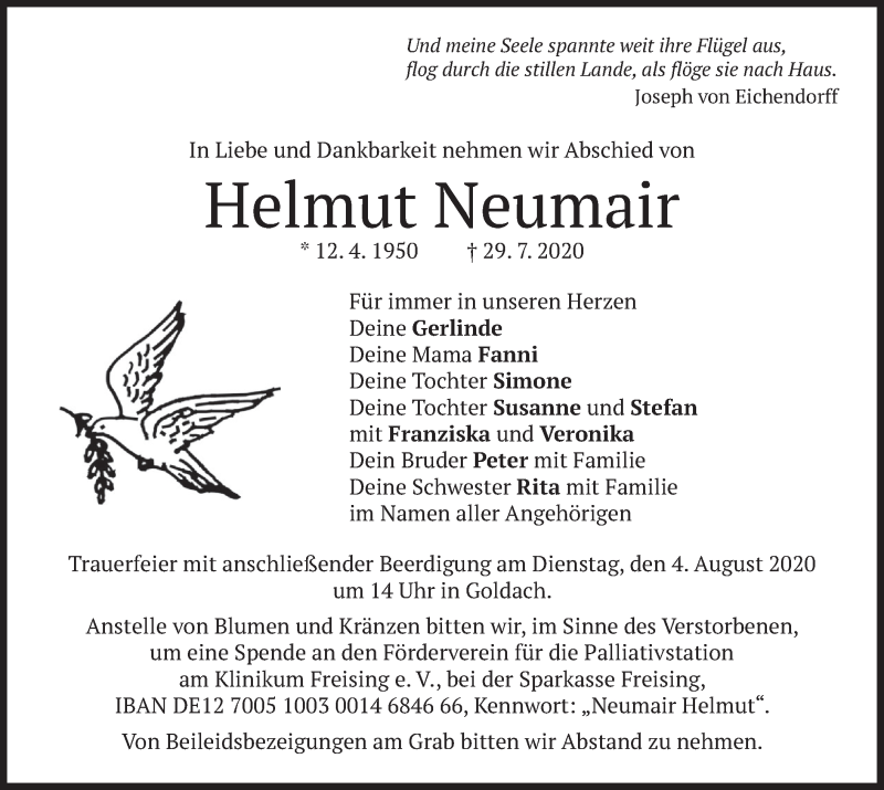 Traueranzeige für Helmut Neumair vom 01.08.2020 aus merkurtz