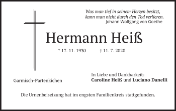 Traueranzeige von Hermann Heiß von merkurtz