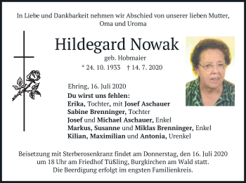 Traueranzeige von Hildegard Nowak von merkurtz