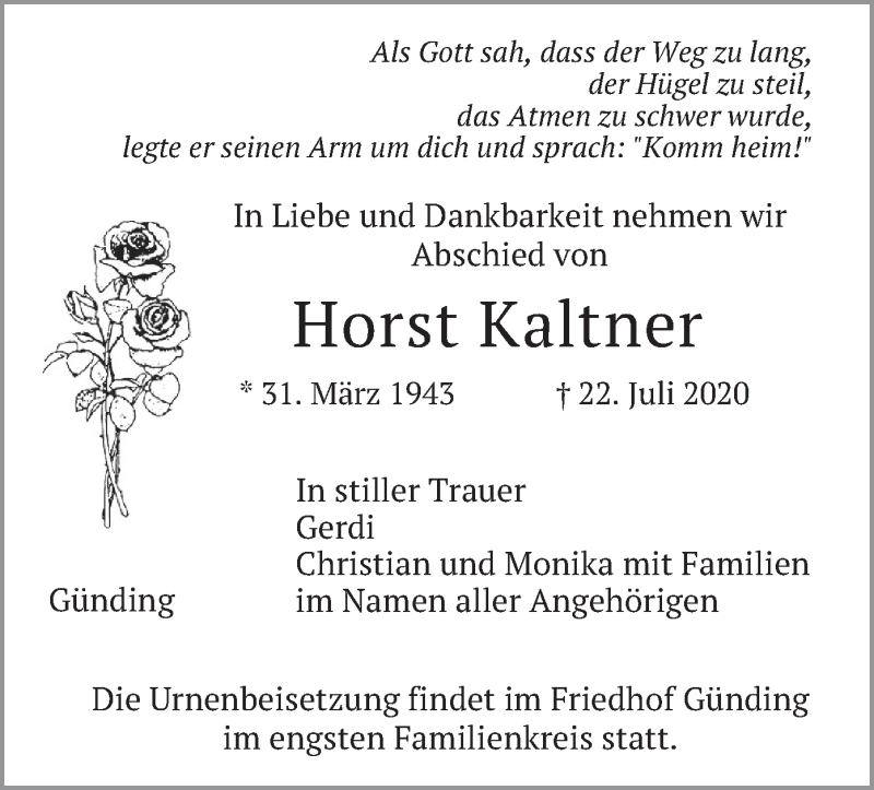  Traueranzeige für Horst Kaltner vom 25.07.2020 aus merkurtz
