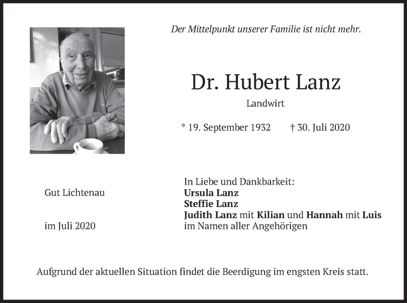  Traueranzeige für Hubert Lanz vom 01.08.2020 aus merkurtz
