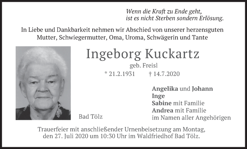  Traueranzeige für Ingeborg Kuckartz vom 25.07.2020 aus merkurtz