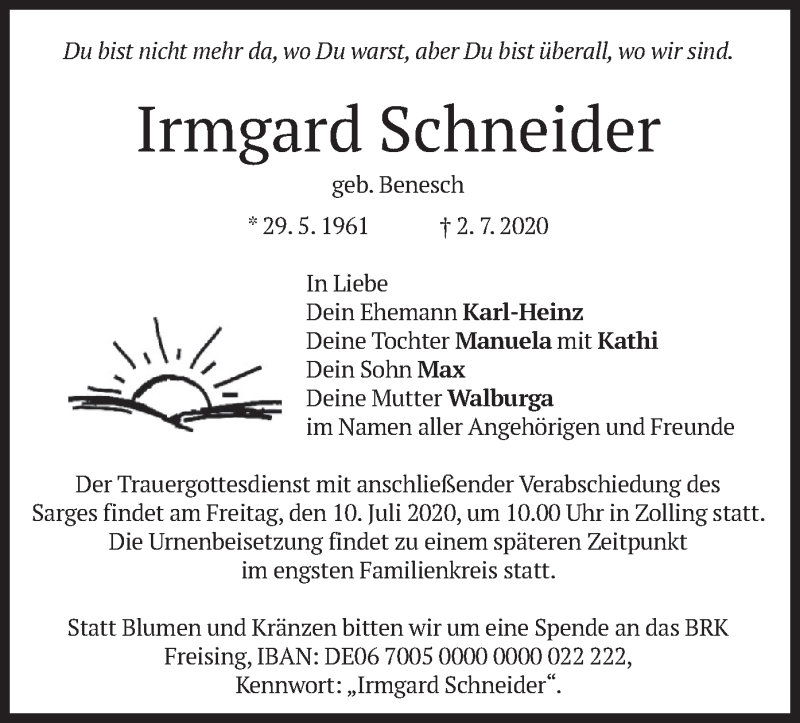  Traueranzeige für Irmgard Schneider vom 08.07.2020 aus merkurtz