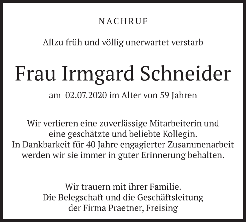  Traueranzeige für Irmgard Schneider vom 09.07.2020 aus merkurtz