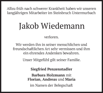 Traueranzeige von Jakob Wiedemann von merkurtz