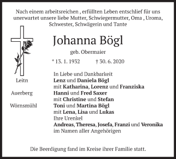 Traueranzeige von Johanna Bögl von merkurtz
