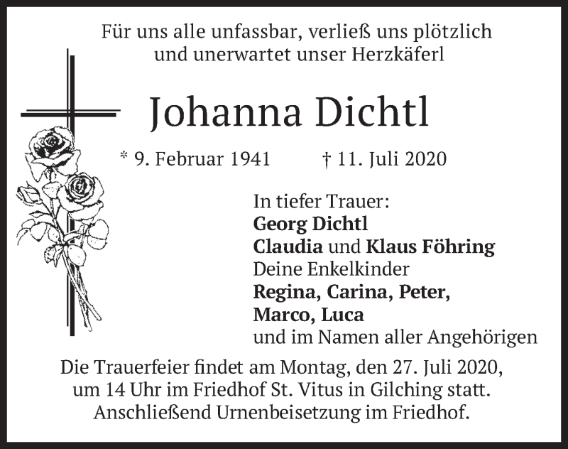  Traueranzeige für Johanna Dichtl vom 20.07.2020 aus merkurtz