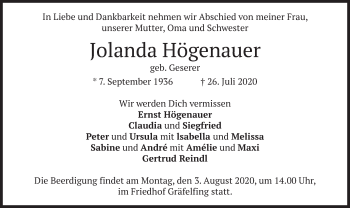 Traueranzeige von Jolanda Högenauer von merkurtz
