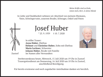 Traueranzeige von Josef Huber von merkurtz