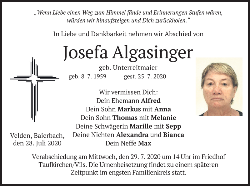  Traueranzeige für Josefa Algasinger vom 28.07.2020 aus merkurtz