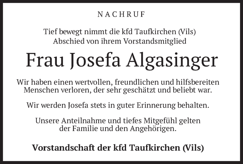  Traueranzeige für Josefa Algasinger vom 30.07.2020 aus merkurtz