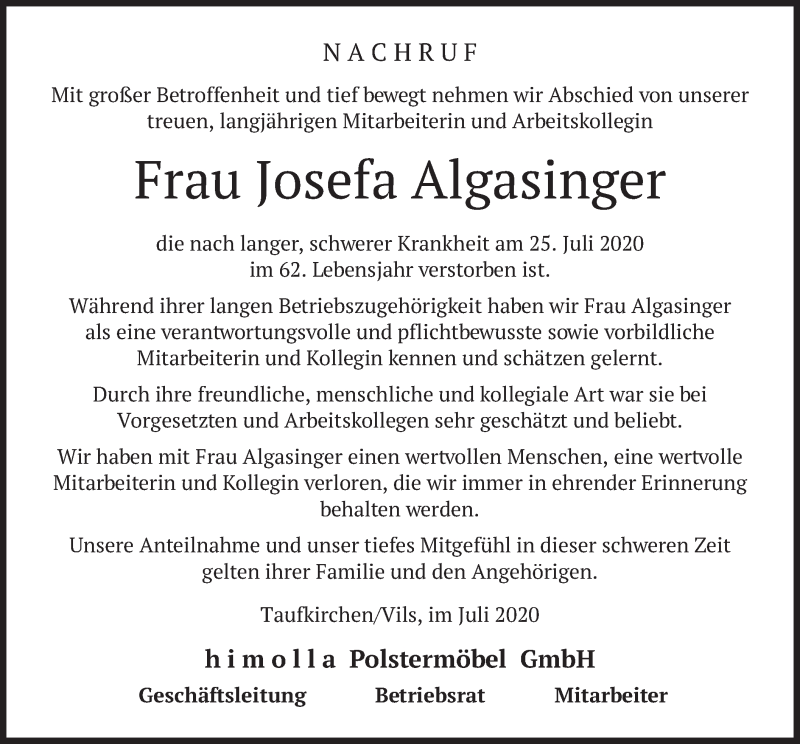  Traueranzeige für Josefa Algasinger vom 29.07.2020 aus merkurtz