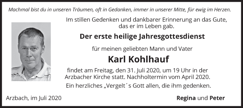  Traueranzeige für Karl Kohlhauf vom 29.07.2020 aus merkurtz